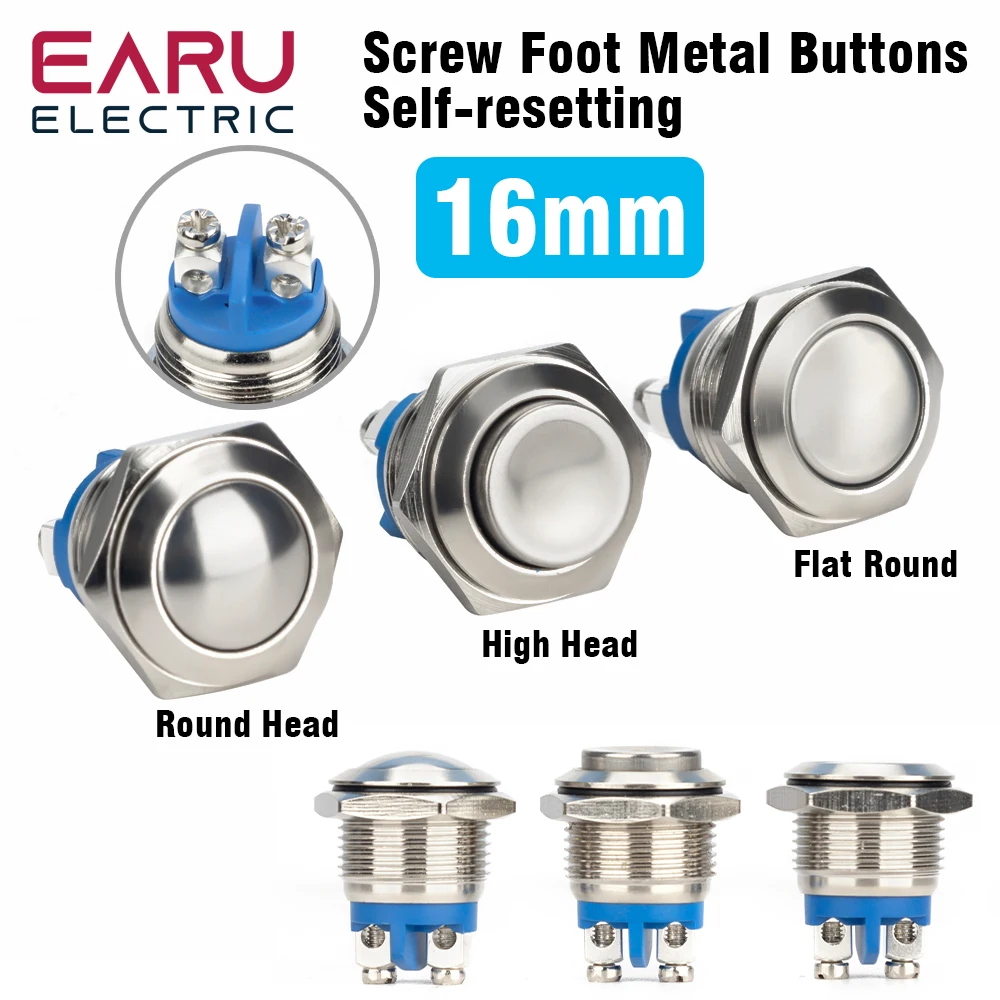 Color: black - 16mm 1NO High Flat Head Waterproof Momentary Reset Metal Push Button Switch Screw Terminal Car Engine Doorbell PC Power Switch
