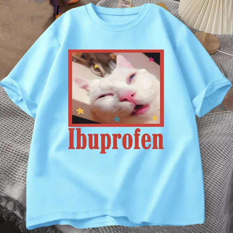 Color: Beige, Size: M - Ibuprofen Cat Meme Tshirt Funny Cat Graphic Tee Cute Cat Lover Cotton T-Shirt Casual Funny T Shirts Unisex Oversized Tshirt Tee