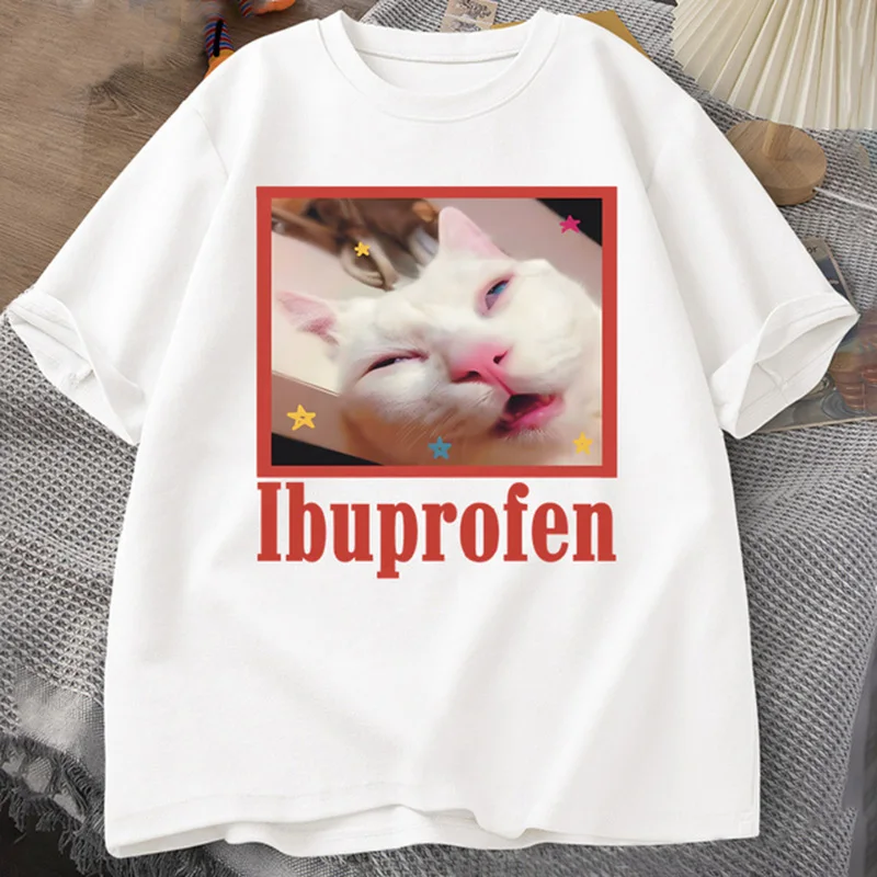 Color: Beige, Size: M - Ibuprofen Cat Meme Tshirt Funny Cat Graphic Tee Cute Cat Lover Cotton T-Shirt Casual Funny T Shirts Unisex Oversized Tshirt Tee