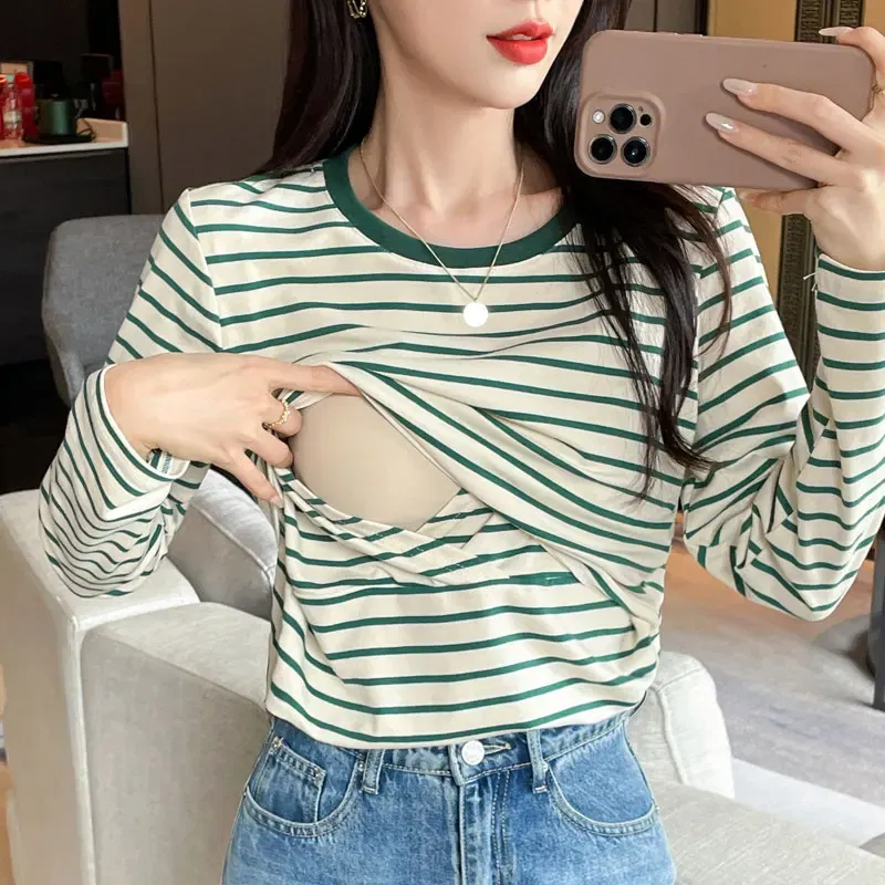 Color: green, Maternity Size: M - Striped Cotton Maternity Nursing Tees Casual Long Sleeve Breastfeeding T Shirts For Pregnant Women After Delivery Lacation Tops