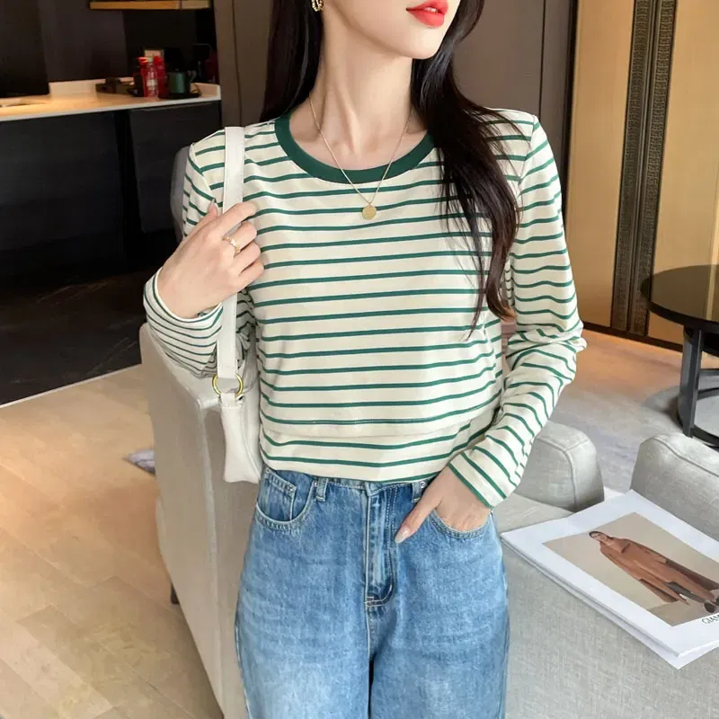 Color: green, Maternity Size: M - Striped Cotton Maternity Nursing Tees Casual Long Sleeve Breastfeeding T Shirts For Pregnant Women After Delivery Lacation Tops