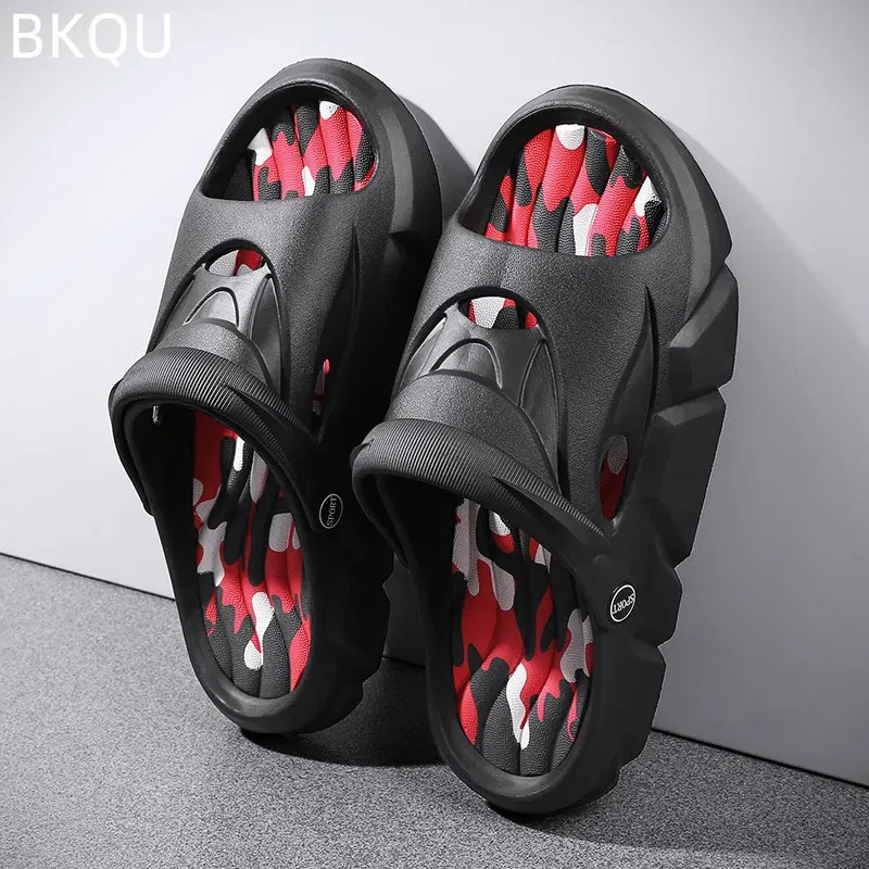 Color: Black, Shoe Size: 37 - Men's Beach Slippers Round Toe Lightweight Flat Bottom Waterproof Comfortable Trend Versatile Breathable Non-slip Large Size