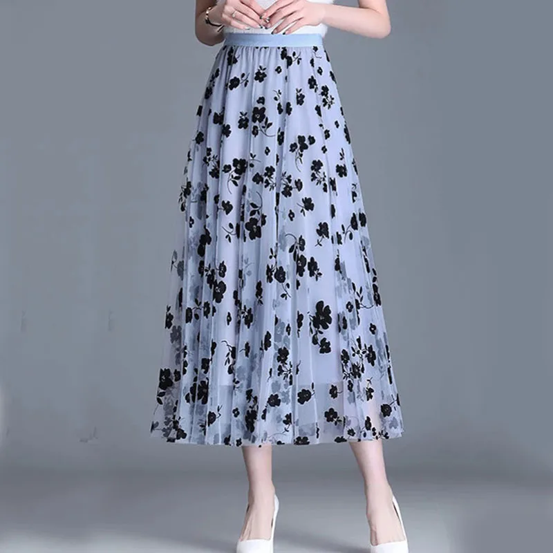 Color: ROYAL BLUE, Size: L - GIDYQ Korean Women Mesh Skirt Fashion Hook Flower Loose Midi Skirt Elegant Female Casual All Match Skirts Summer New