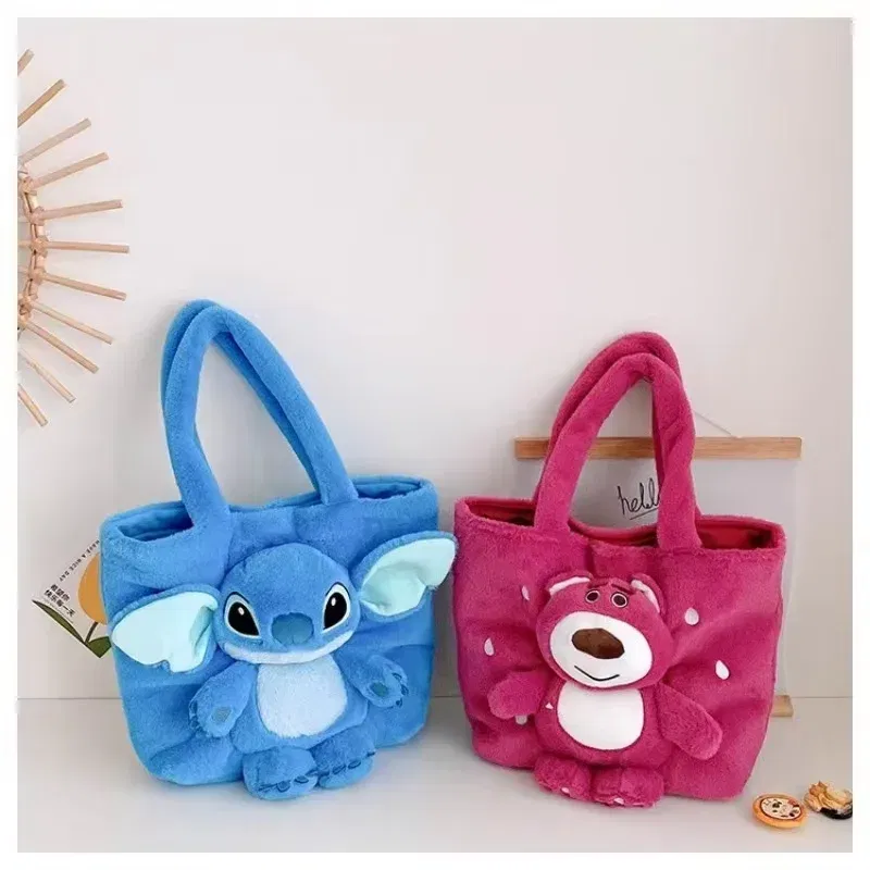 Color: SKY BLUE, Size: Extra Large - Disney 2024 New Cartoon Plush Doll Shoulder Bag Sweet and Cute Stitch Strawberry Bear Soft Cute Girls Handbag