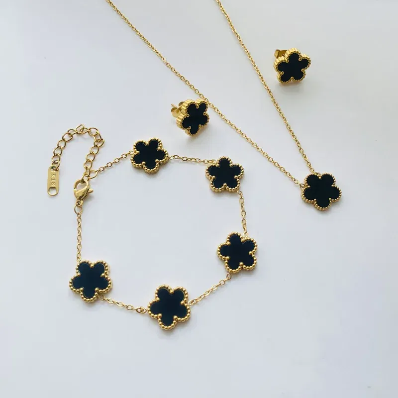Metal color: Light Yellow Color - 3pcs/set Stainless Steel Flower Jewelry Set Gifts Luxury Modern Fashion Charm Necklace Earrings Bracelet Set Jewelry for Women
