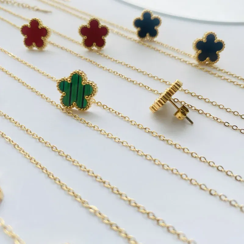 Metal color: Light Yellow Color - 3pcs/set Stainless Steel Flower Jewelry Set Gifts Luxury Modern Fashion Charm Necklace Earrings Bracelet Set Jewelry for Women