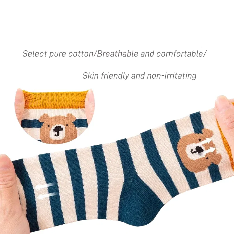 Color: Beige, Size: 7-9T - 5 Pairs Children's Socks Autumn Calf Cotton Socks Kids Boys Cartoon Bear Socks Spring Autumn Sock