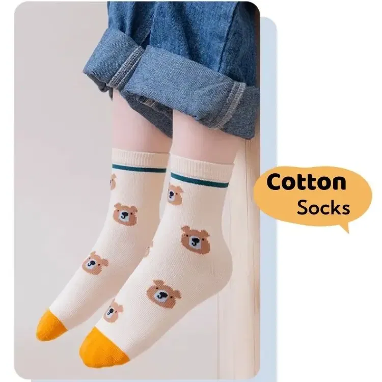Color: Beige, Size: 7-9T - 5 Pairs Children's Socks Autumn Calf Cotton Socks Kids Boys Cartoon Bear Socks Spring Autumn Sock