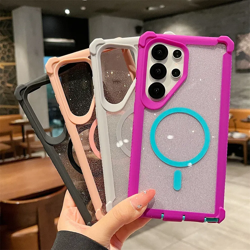 Color: Beige, Compatibility by Model: Galaxy S24 Ultra - For Magsafe Clear Armor Bumper Glitter Phone Case For Samsung S25 Ultra S24 Plus Wireless Charging Shockproof Protective Cover