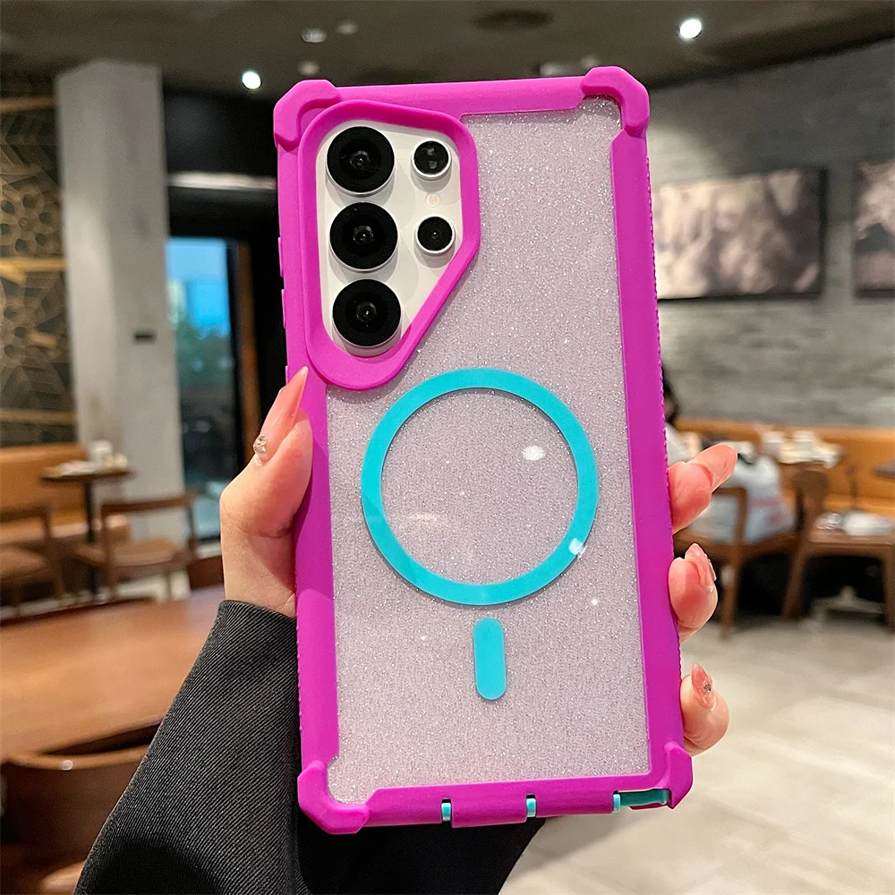Color: Beige, Compatibility by Model: Galaxy S24 Ultra - For Magsafe Clear Armor Bumper Glitter Phone Case For Samsung S25 Ultra S24 Plus Wireless Charging Shockproof Protective Cover