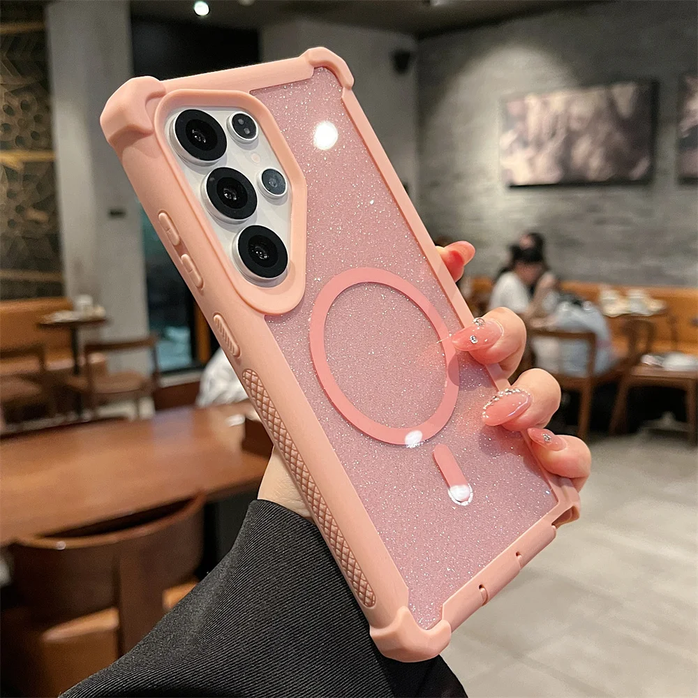 Color: Beige, Compatibility by Model: Galaxy S24 Ultra - For Magsafe Clear Armor Bumper Glitter Phone Case For Samsung S25 Ultra S24 Plus Wireless Charging Shockproof Protective Cover