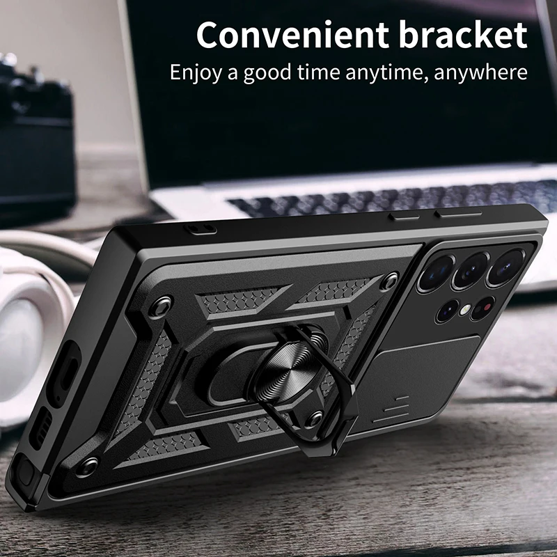 Material: Canvas, Color: Black - Shockproof Armor Case For Samsung Galaxy S20 S21 S22 S23 S24 Plus Ultra FE With Car Magnetic Ring Holder Phone Cover