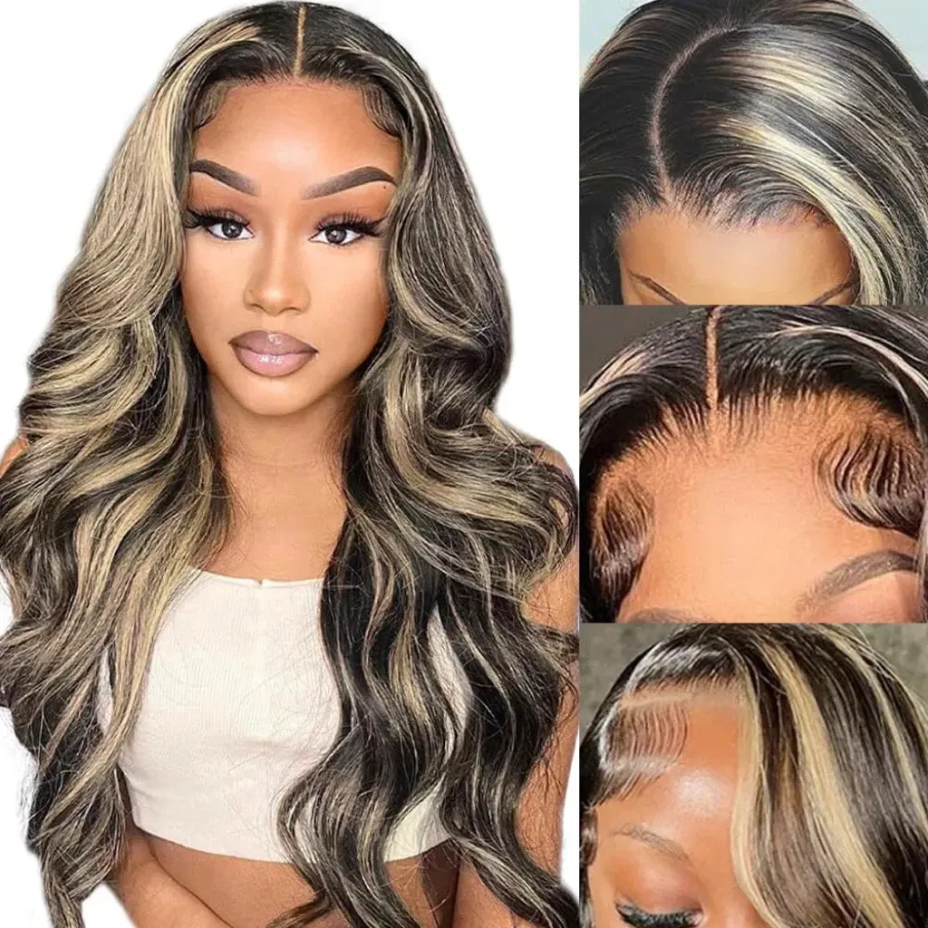 Hair Color: #6, Stretched Length: 20inches, Density: 180% - Highlight Blonde #1B/27 13X4 Lace Front Wigs Boday Wave Human Hair Transparent Lace Frontal Wigs Pre Plucked For Salon Quality