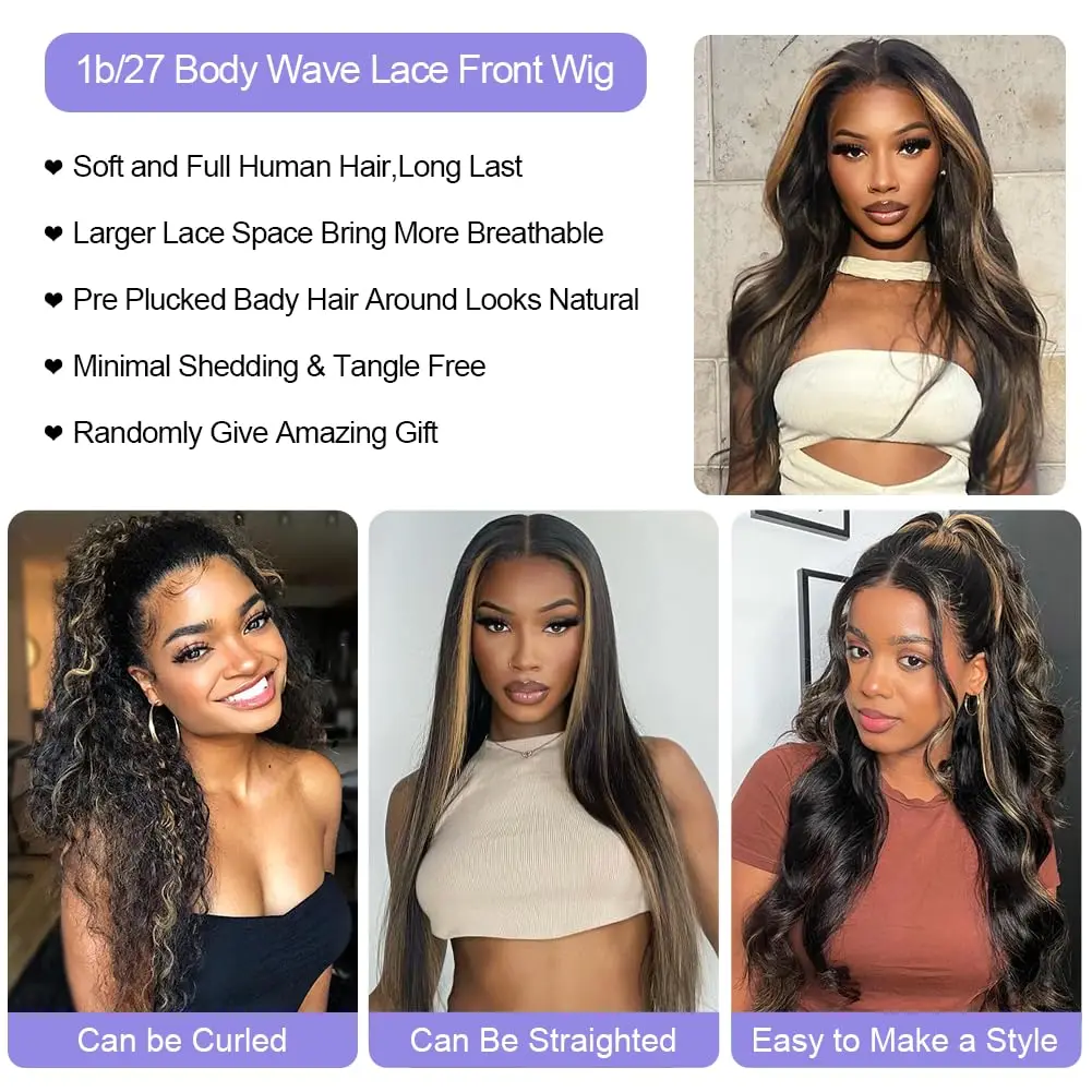 Hair Color: #6, Stretched Length: 20inches, Density: 180% - Highlight Blonde #1B/27 13X4 Lace Front Wigs Boday Wave Human Hair Transparent Lace Frontal Wigs Pre Plucked For Salon Quality