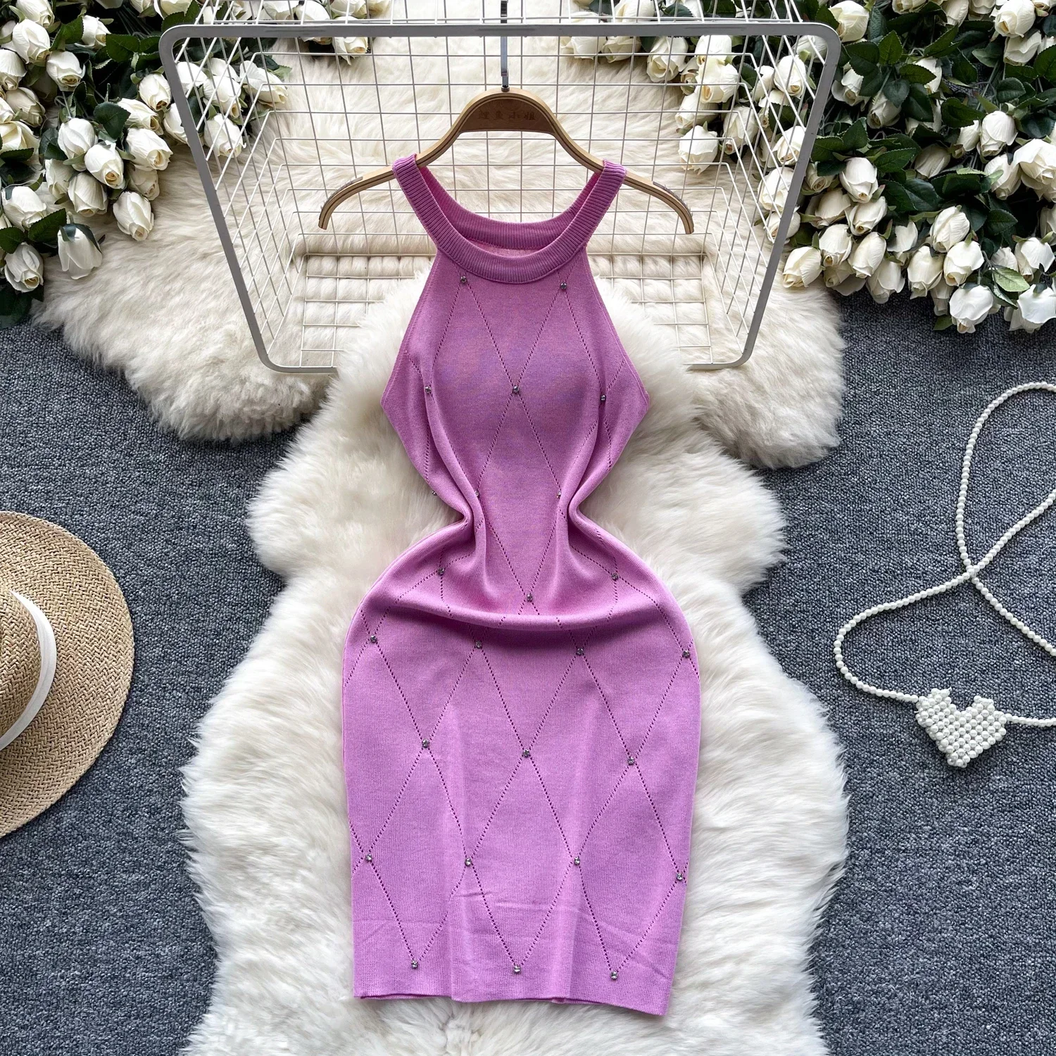 Color: WHITE, Size: One Size - Beading Halter Women's Knitting Sheath Tank Dress Female Bodycon Knitted Camisole Sleeveless Mini Dresses For Woman Outfits