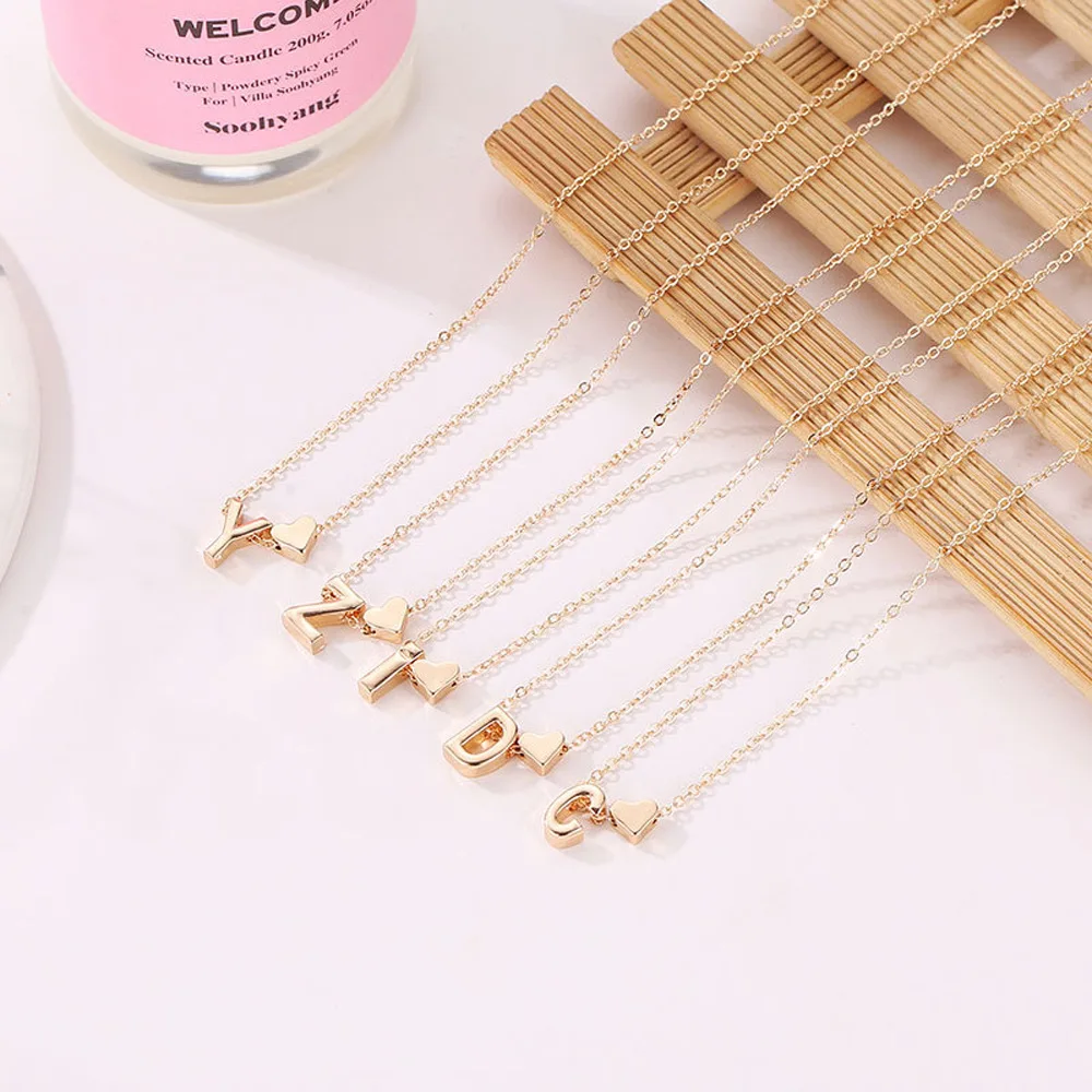 Metal Color: RED-BROWN, Main Stone Color: GRAY - Fashion Tiny Heart Dainty Initial Necklace Gold Color Letter Name Choker Necklace For Women Pendant Jewelry Gift