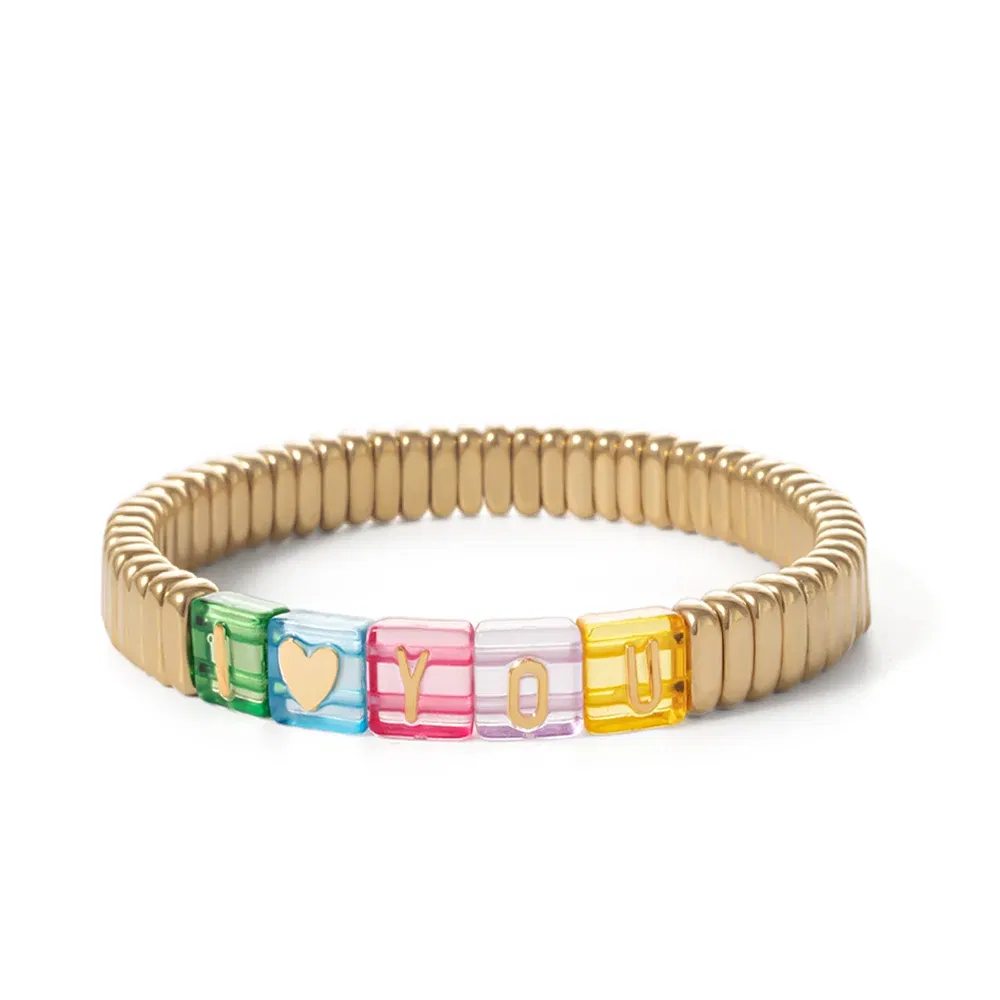 Metal Color: Vermeil, Ships From: CHINA - Wholesale Gold Silver Color Elastic Bracelets Handmade Letter Charms Bracelets For Women 2X8MM Beads Bracelets Bohemain Jewelry
