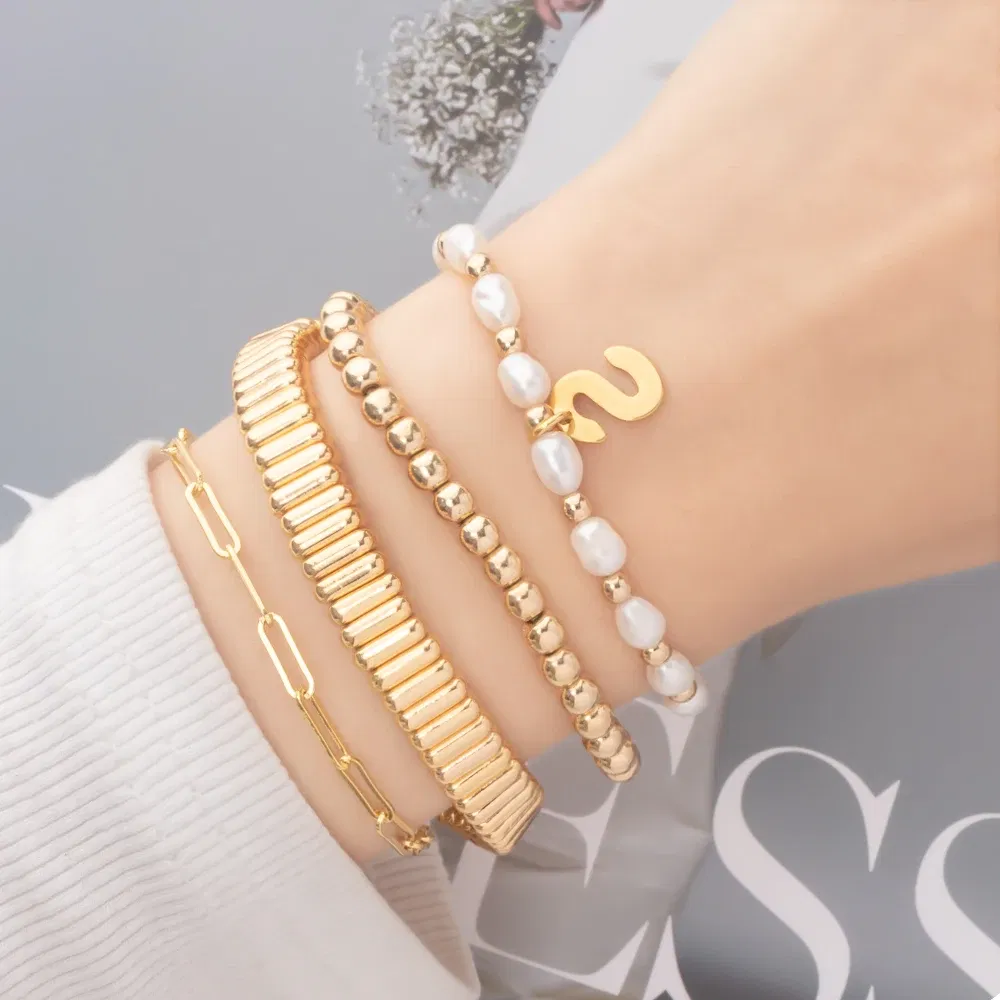 Metal Color: Vermeil, Ships From: CHINA - Wholesale Gold Silver Color Elastic Bracelets Handmade Letter Charms Bracelets For Women 2X8MM Beads Bracelets Bohemain Jewelry