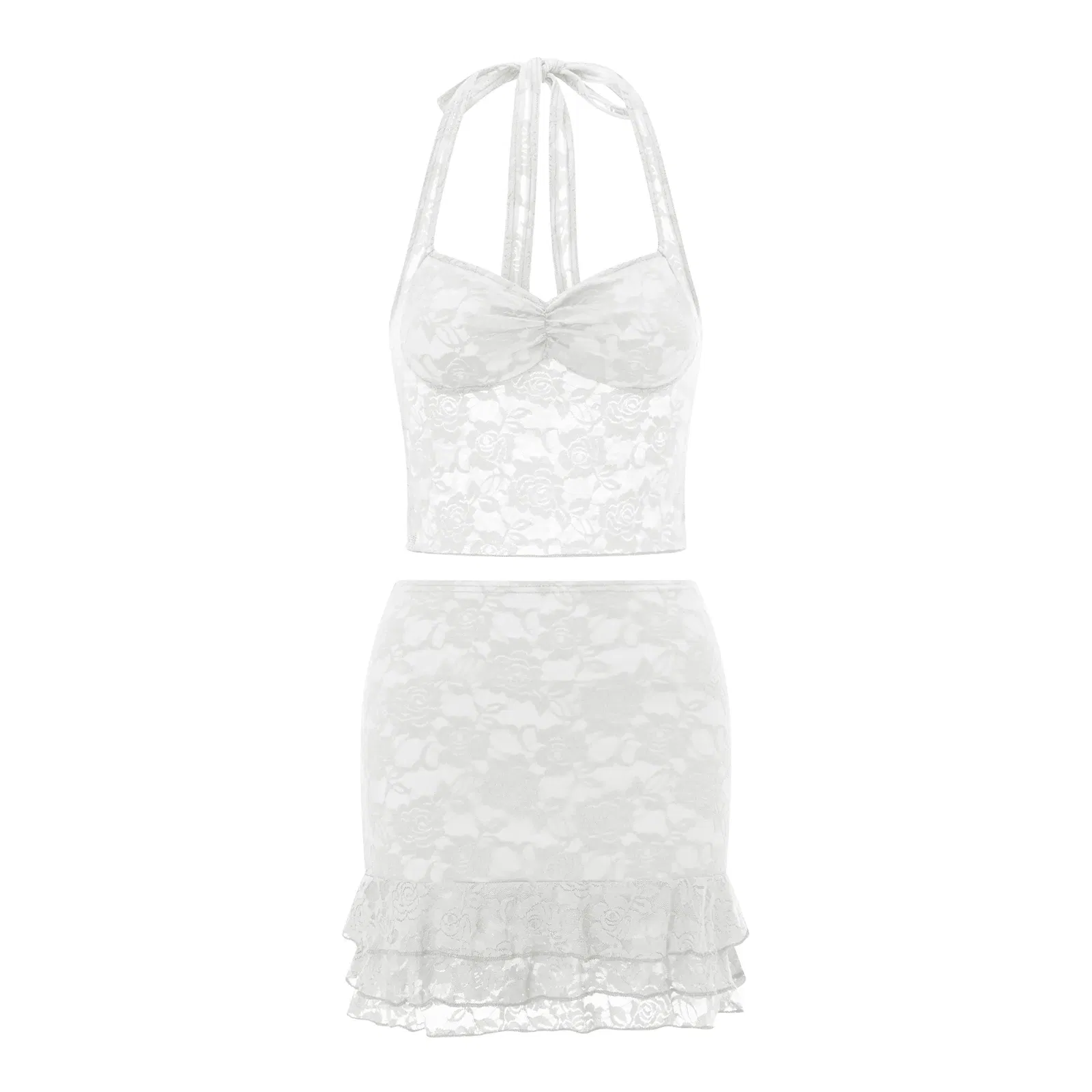 Color: WHITE, Size: S - Women Summer Skirts Outfits Sexy Tie-Up Halter Neck Sleeveless Backless Lace Tank Tops Mini Skirts 2 Pieces Clothes Set Club