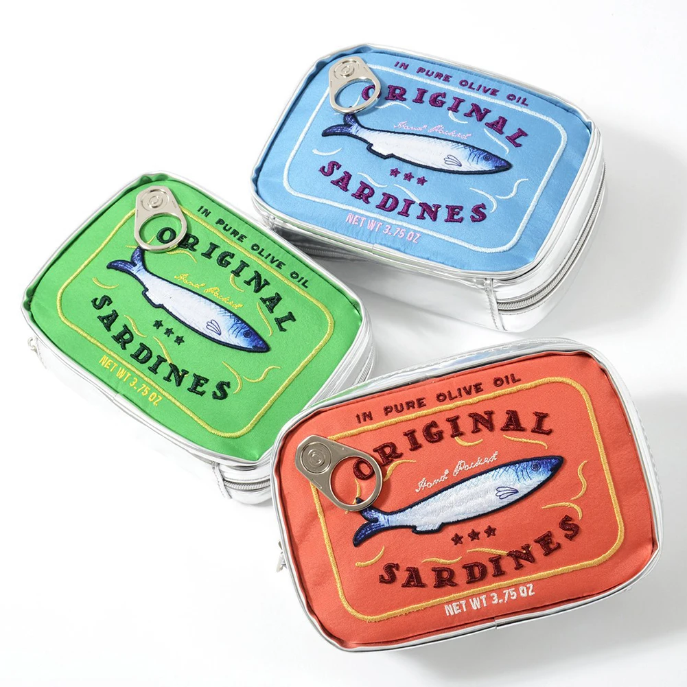 Color: Brown - Cute Cosmetic Bag Sardines Cans Shape Funny Packages Creative Portable Toiletry Bag Fashion Zipper Small Soft Makeup Bags