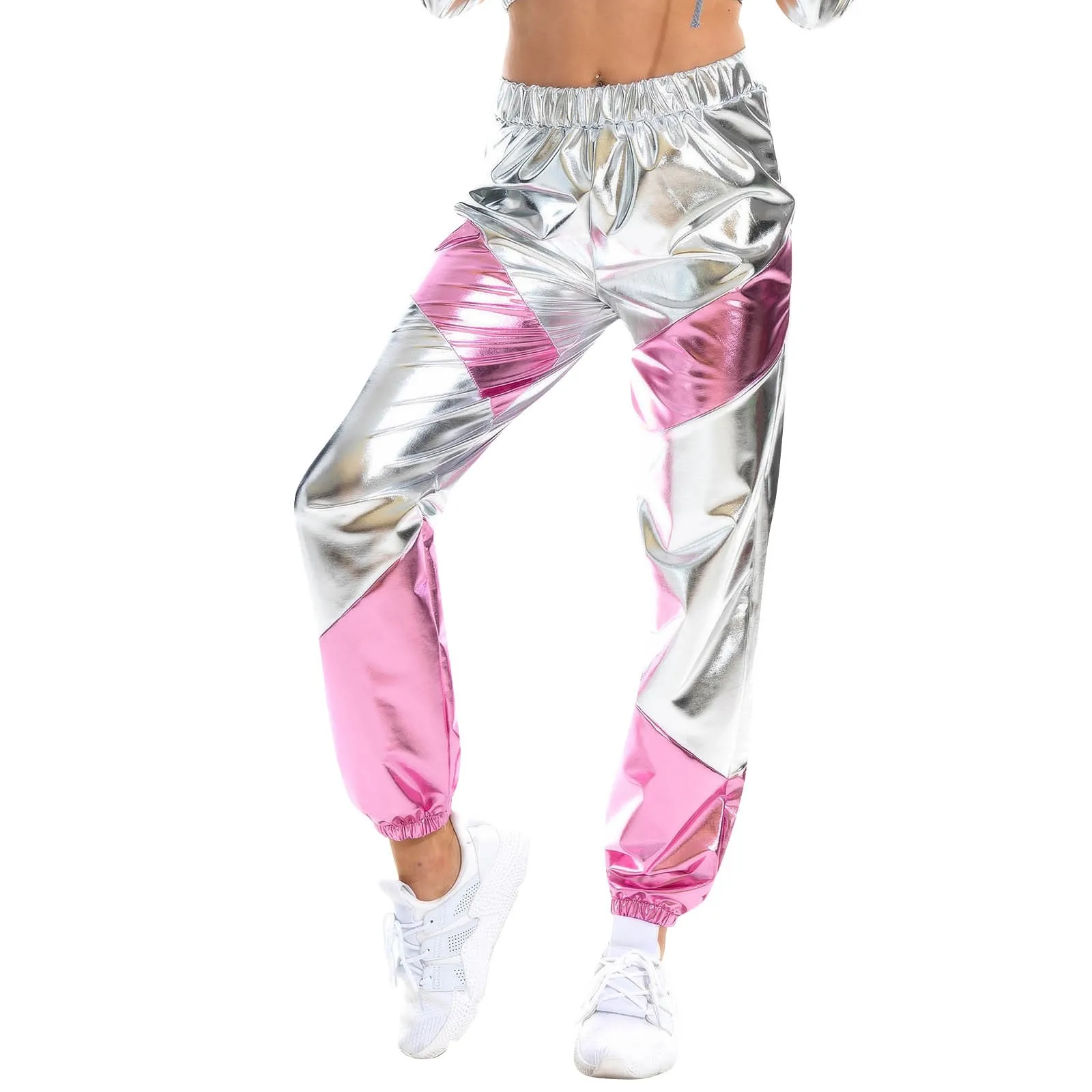 Color: Silver, Size: L - Women'S Shiny Trousers Elastic Sports Leisure Casual Long Sweatpants Jogging Bottoms Stretch Leggings Party Disco Clubwear