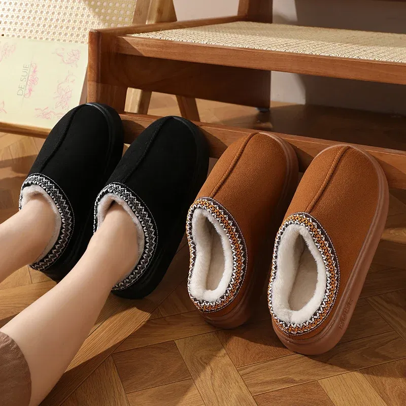 Color: Brown, Shoe Size: 44-45 - Comfort Thick Bottom Cotton Slippers Women 2025 Winter Warm Thick Plush Non Slip Furry Clogs Shoes Embroidery Suede Snow Boots