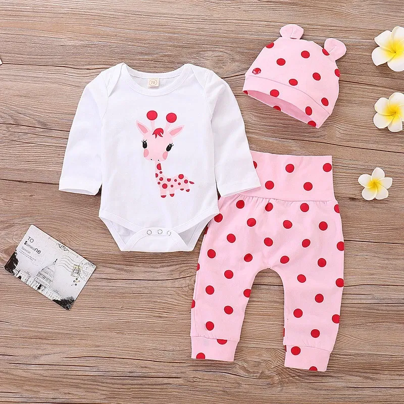 Color: Beige, Kid Size: 6M - Spring Fall Cotton Newborn Baby Girl Clothes 0-3 Months Polka Dot Unisex Infant Clothes Set Boy 3-piece Clothing With Hat