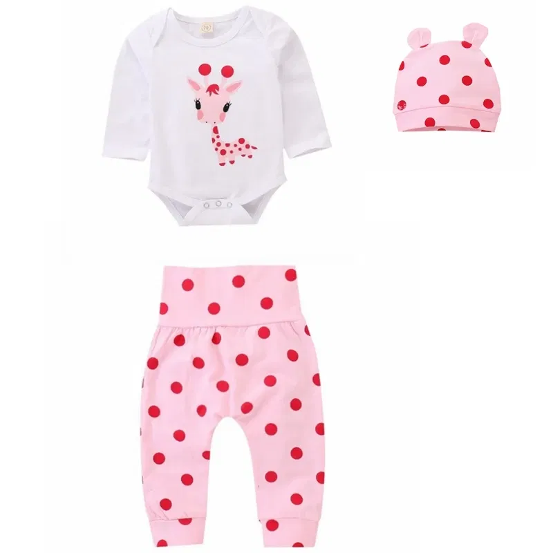 Color: Beige, Kid Size: 6M - Spring Fall Cotton Newborn Baby Girl Clothes 0-3 Months Polka Dot Unisex Infant Clothes Set Boy 3-piece Clothing With Hat