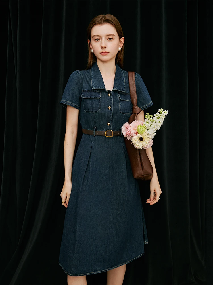 Color: Blue, Size: S - FSLE French Temperament Elegant Retro Denim Dress For Women 2024 Summer New Design High Waist Versatile Long Dress  24FS12236