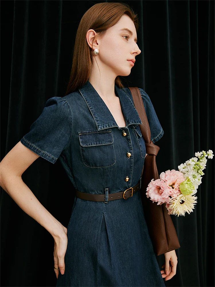 Color: Blue, Size: S - FSLE French Temperament Elegant Retro Denim Dress For Women 2024 Summer New Design High Waist Versatile Long Dress  24FS12236