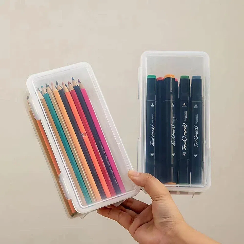 Color: Burgundy - 1/2/3/4pcs Plastic Translucent Pencil Case Large Capacity Pencil Boxes Portable Storage Organizer Box Student Office Supplies