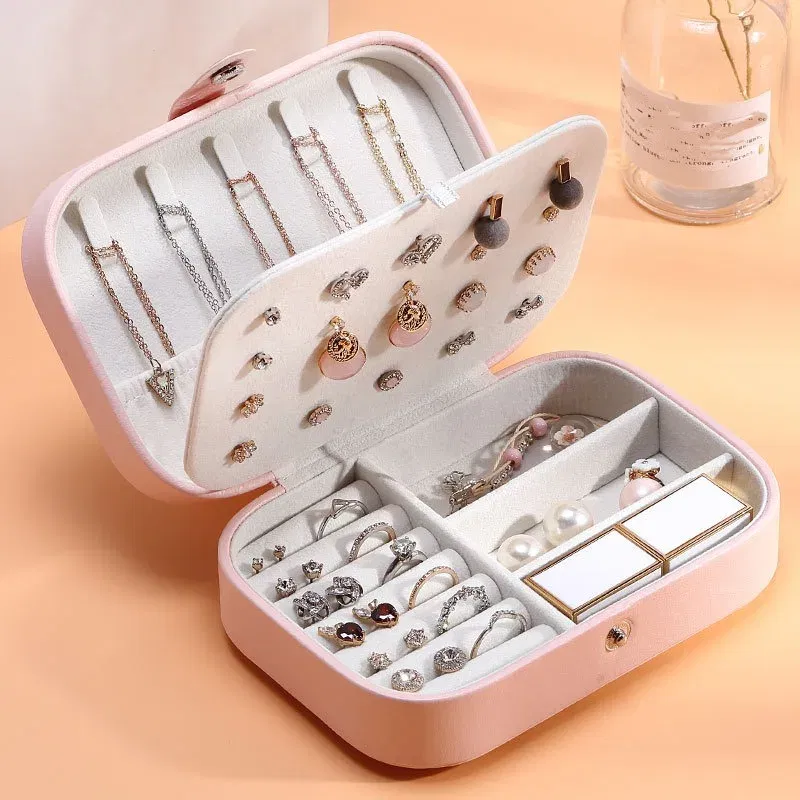 Color: black - 2023 Portable Jewelry Box Jewelry Organizer Display Travel Jewelry Case Boxes Button Leather Storage Zipper Jewelers Joyero