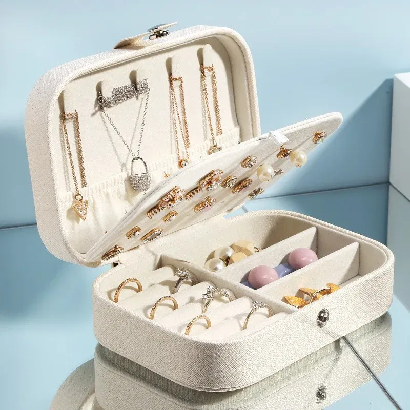 Color: black - 2023 Portable Jewelry Box Jewelry Organizer Display Travel Jewelry Case Boxes Button Leather Storage Zipper Jewelers Joyero