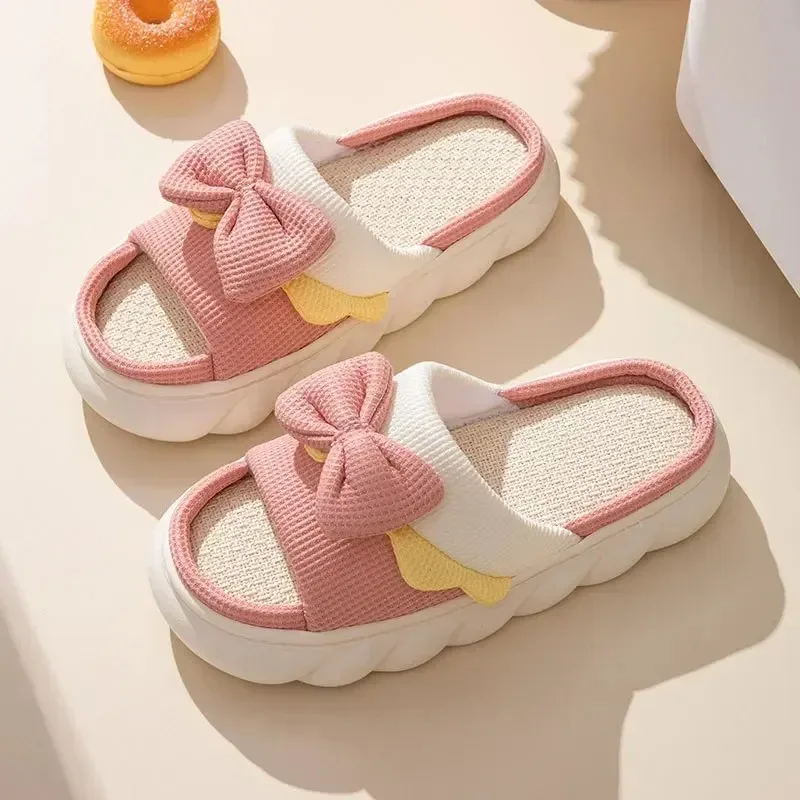 Color: Beige, Shoe Size: 36 - Linen Slippers Women Indoor Slippers Comzy Anti-Slip House Cotton Shoes Cute Bowknot Flat Slipper Couples Slides Spring Summer