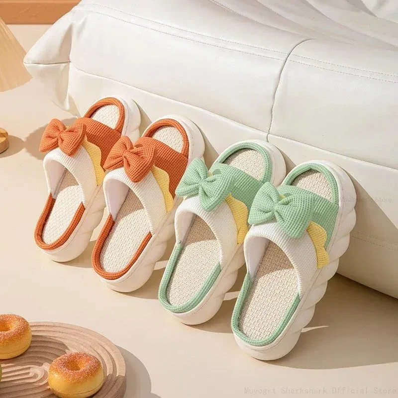 Color: Beige, Shoe Size: 36 - Linen Slippers Women Indoor Slippers Comzy Anti-Slip House Cotton Shoes Cute Bowknot Flat Slipper Couples Slides Spring Summer