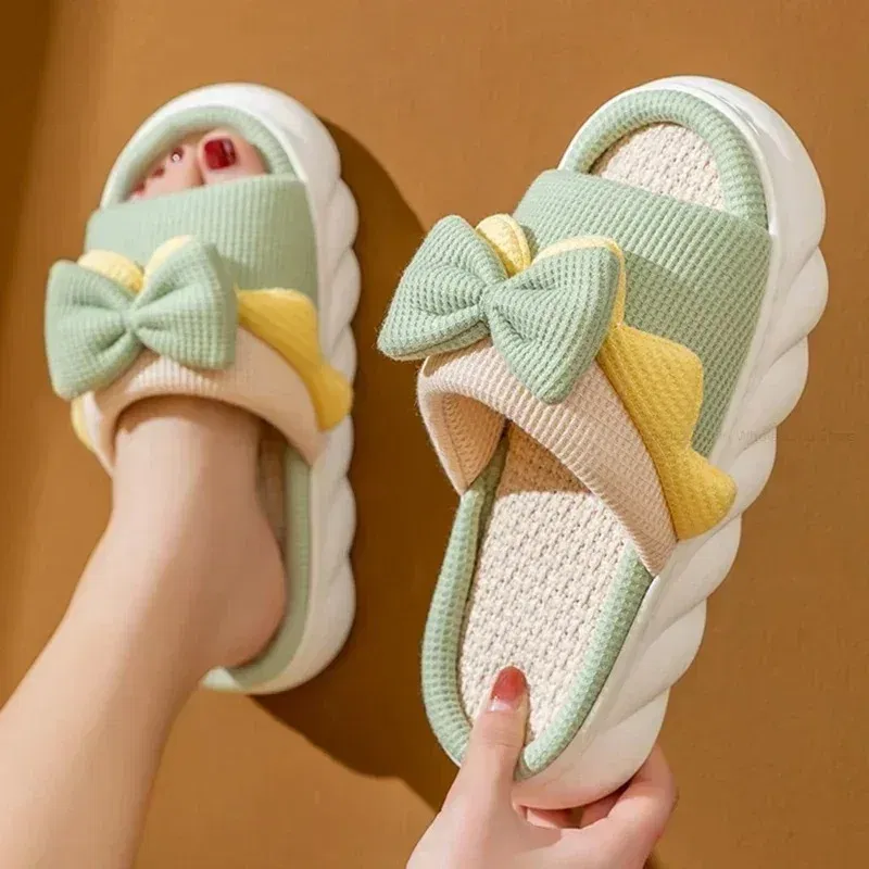 Color: Beige, Shoe Size: 36 - Linen Slippers Women Indoor Slippers Comzy Anti-Slip House Cotton Shoes Cute Bowknot Flat Slipper Couples Slides Spring Summer