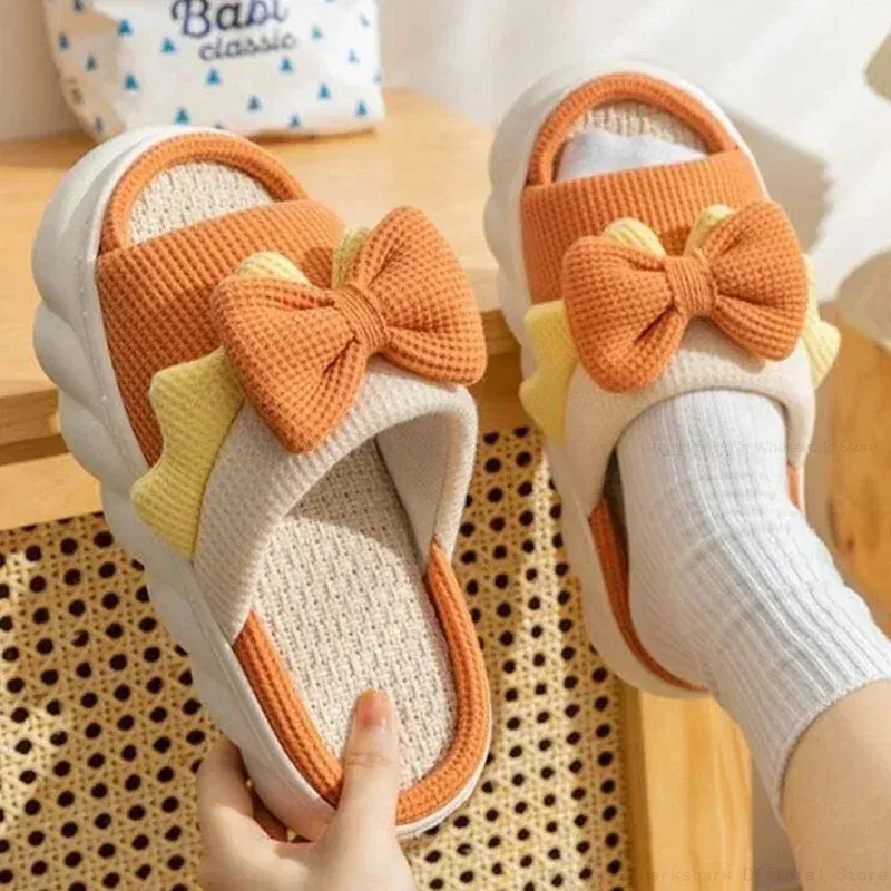 Color: Beige, Shoe Size: 36 - Linen Slippers Women Indoor Slippers Comzy Anti-Slip House Cotton Shoes Cute Bowknot Flat Slipper Couples Slides Spring Summer