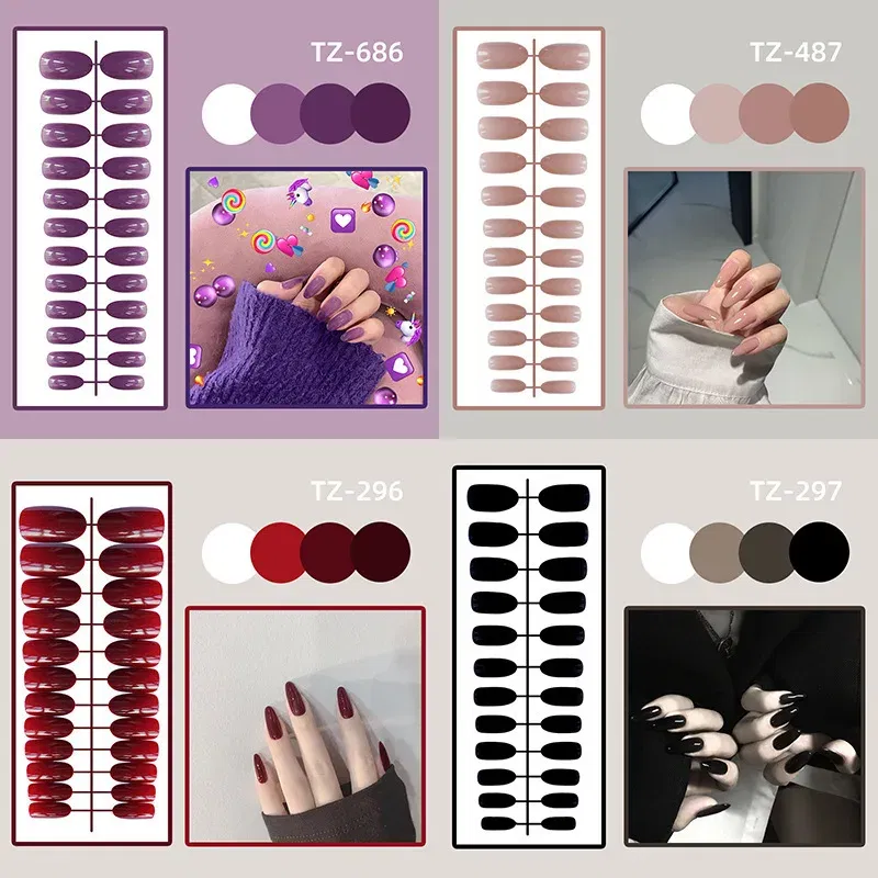 Color: Dark Silver - 24Pcs/Set Long Round Head Bright Solid Color Press On Acrylic Nail Art Fake Nails Finished Wearing Manicure Reusable False Nails