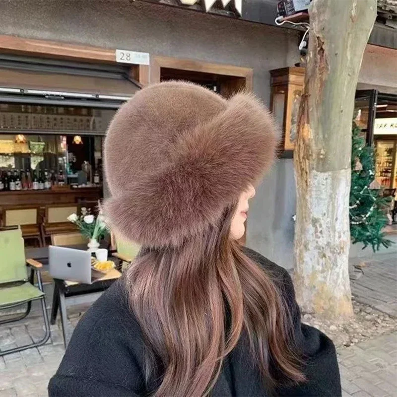 Color: green, Hat Size: One Size - 2024 New Women's Fashion Fur Cap Fur Hat Fur Autumn Winter Hats Mongolian Hat Brimless Plush Fluffy Skiing Riding Warm Caps