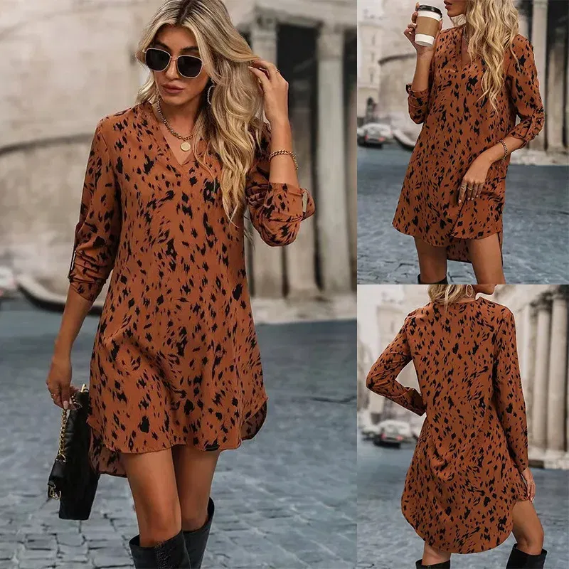 Color: Light Brown, Size: XL, Ships From: CHINA - Spring Summer New Women Dress Casual Sexy V-Neck Long Sleeve Leopard Print Mini Dress Loose A-Line Shirt Dress Elegant Feminino