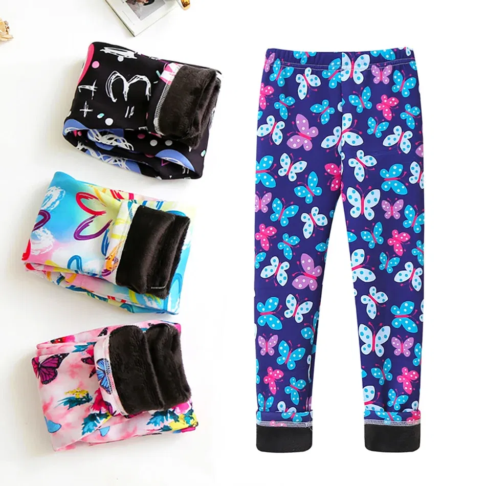 Color: Silver, Size: 128 - Girls Warm Plush Long Pants for Autumn Spring Cartoon Butterfly Striped Soft Cozy Leggings Fleece-Lined Bottoms Kids Casual Wear