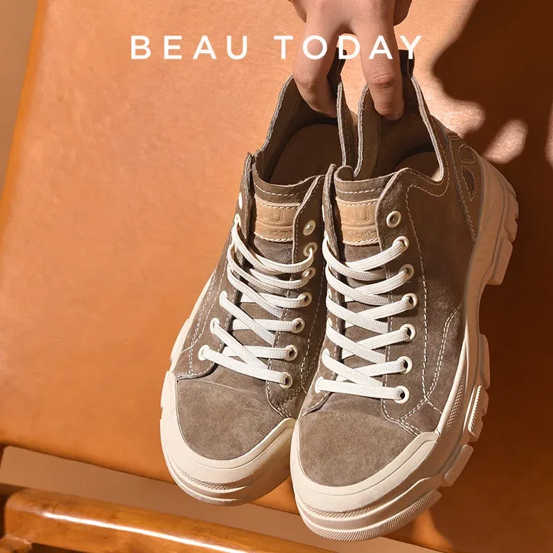 Color: Brown, Shoe Size: 5 - BeauToday Casual Sneakers Women Suede Leather Round Toe Lace-Free High Top Ladies Retro Fashion Flat Shoes Handmade 29575