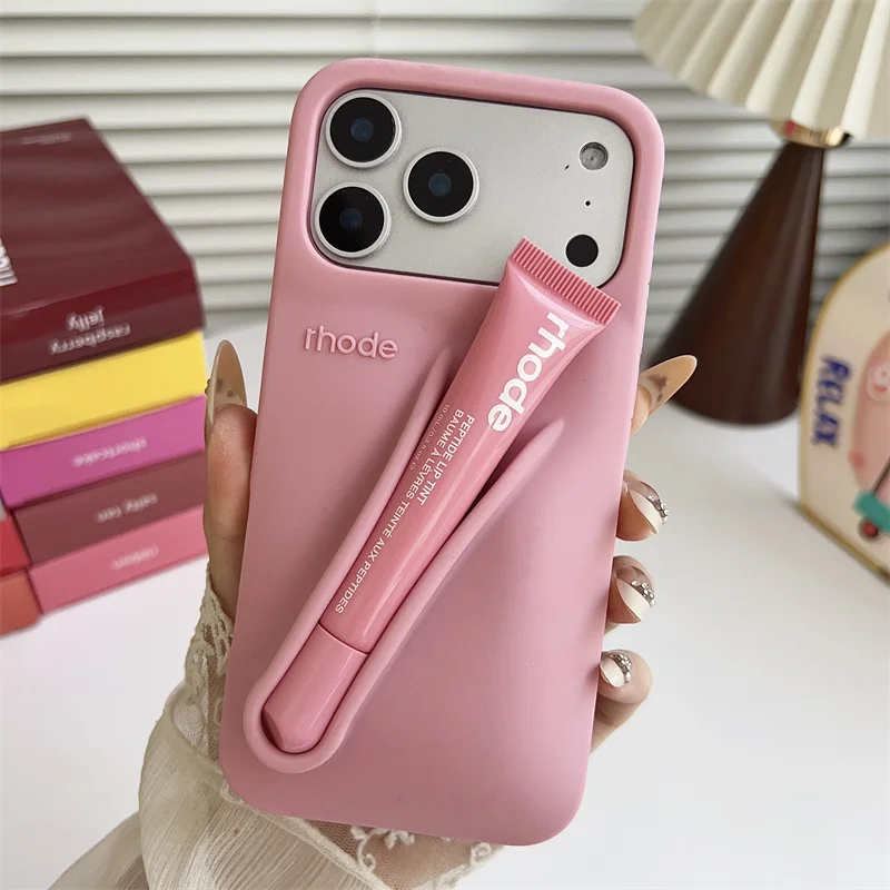 Material: aluminum, Color: SKY BLUE, Bundle: Bundle1 - With Lipstick Phone Case for iPhone 17 13 14 15 16 17 Pro Max Plus 12 17 Air Silicone Lip Gloss Holder Hot INS Soft Cover Funda