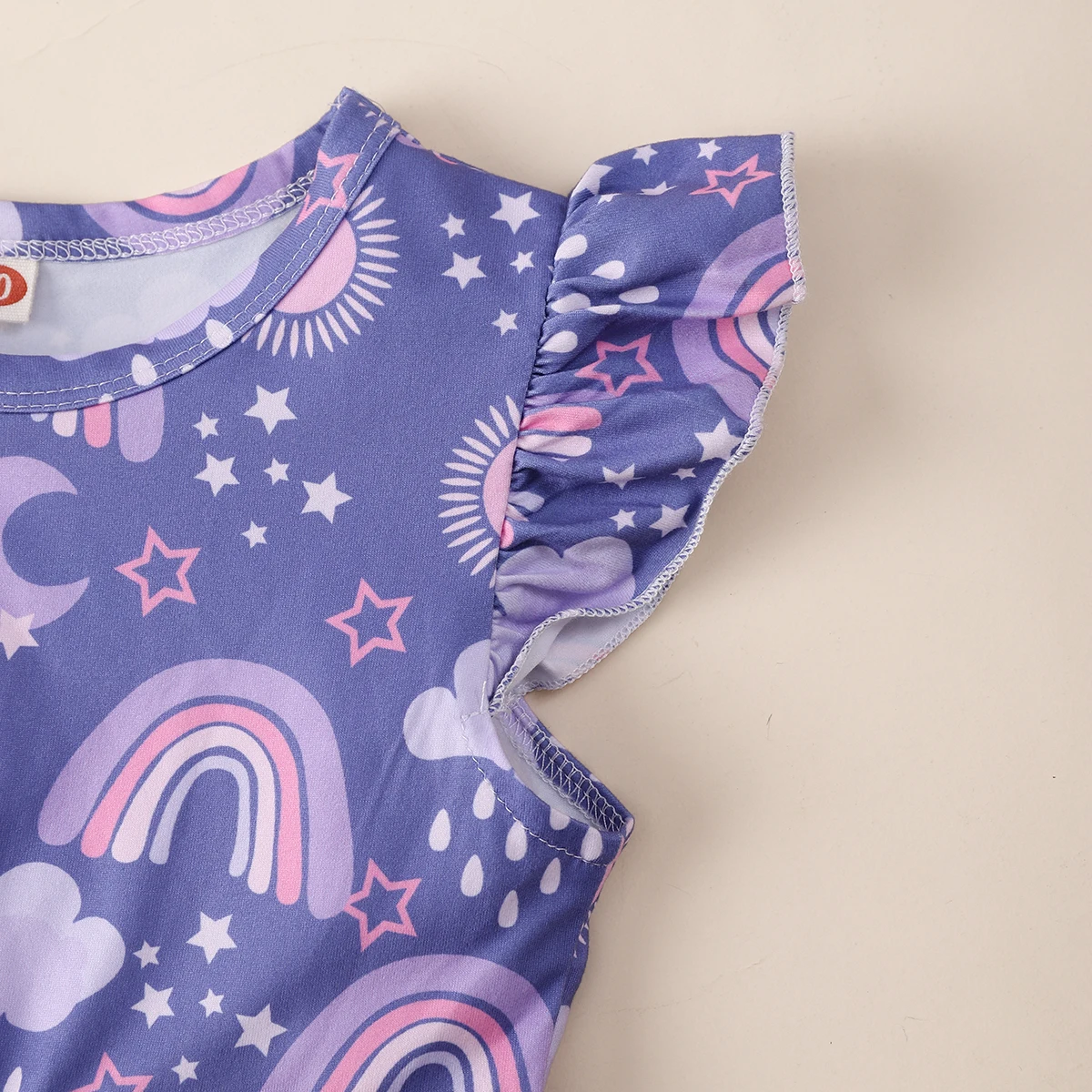 Color: PURPLE, Kid Size: 98 - Girls Cute Cartoon Rainbow Graphic Flutter Trim Sleeveless Dress For Summer Party Gift