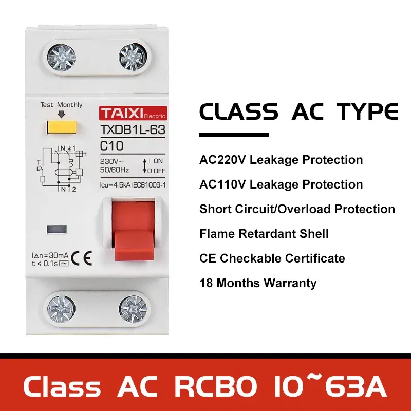 Rated Current: 10A, Ships From: CHINA, Poles Number: 1 - Type A AC CLASS Rcbo 110V 220V RCCB 10A 20A 40A 50A 63A 30mA Residual Current Circuit Breaker Leakage WIth Overload Protection