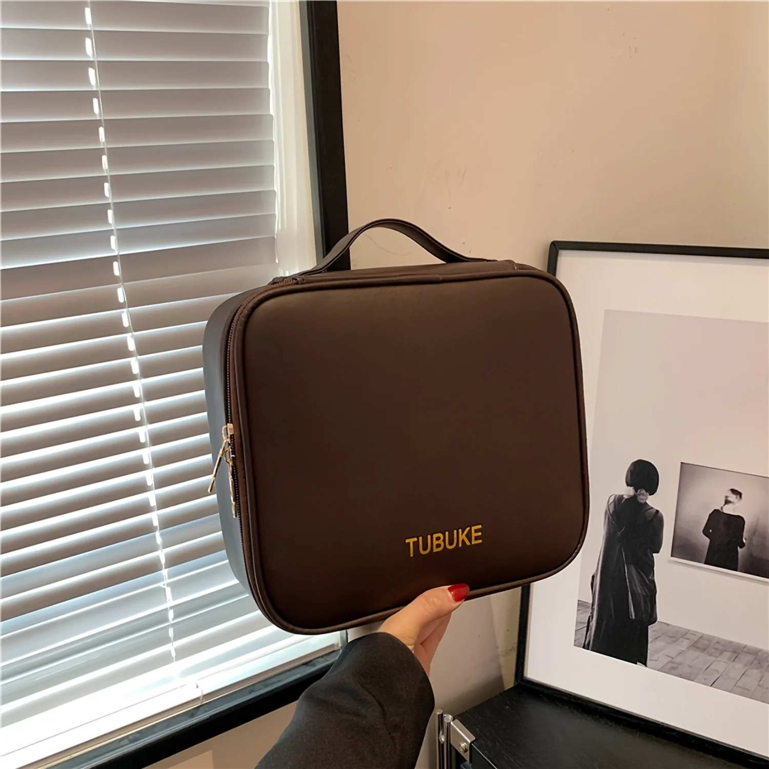 Color: Bronze, Ships From: CHINA - PU Leather Makeup Bag With Dividers, Portable Travel Cosmetic Organizer, Square Toiletry Organizer