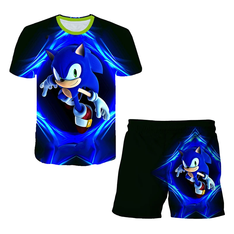 Color: GRAY, Size: 12cm - New Japanese cartoon Sonic T-shirt children's top T-shirt shorts two-piece set summer boy cartoon cute T-shirt+beach pants