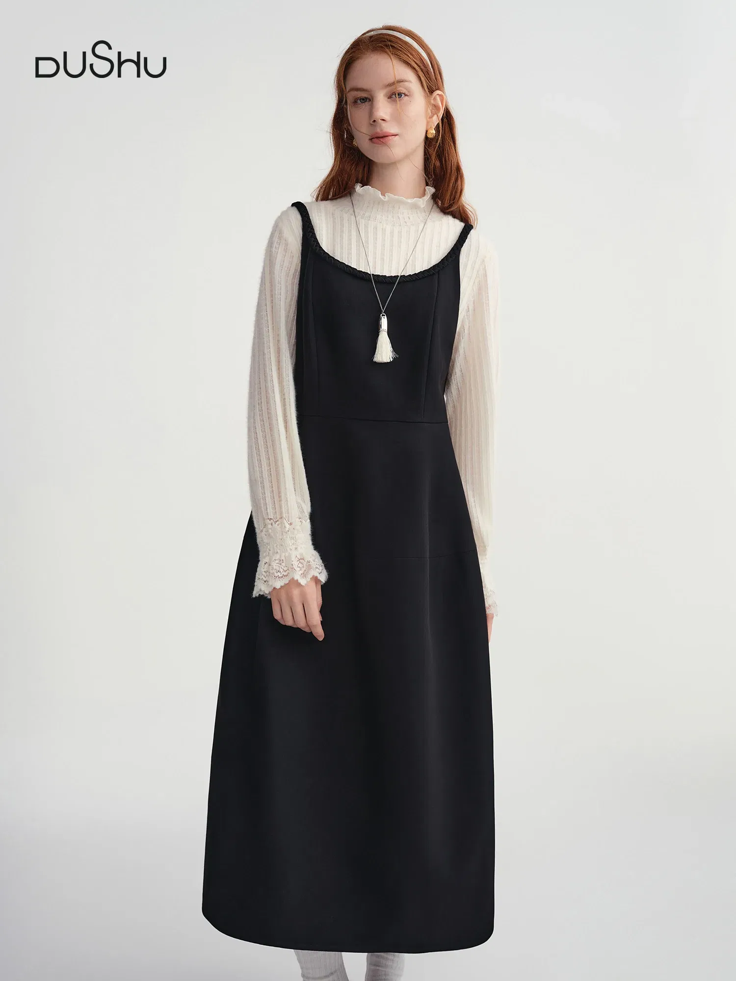 DUSHU Plus Size 2025 Women's Sleeveless Slip Midi Dress Satin Lace Trim Elegant Cocktail Party Gown Winter Velvet Evening Dress