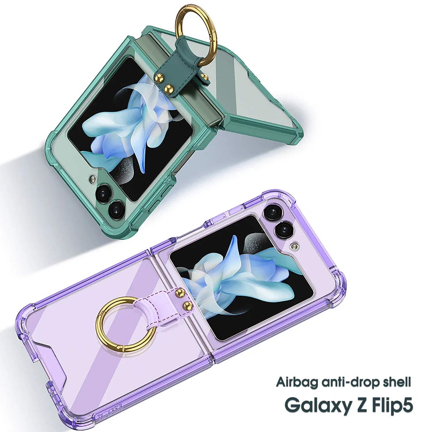 Material: Aluminum, Color: Brown - Transparent Electroplated Airbag Ring Phone Case for Samsung Galaxy Z Flip 5 4 3 5G Flip5 Flip4 Flip3 5G Stand Shockproof Cover