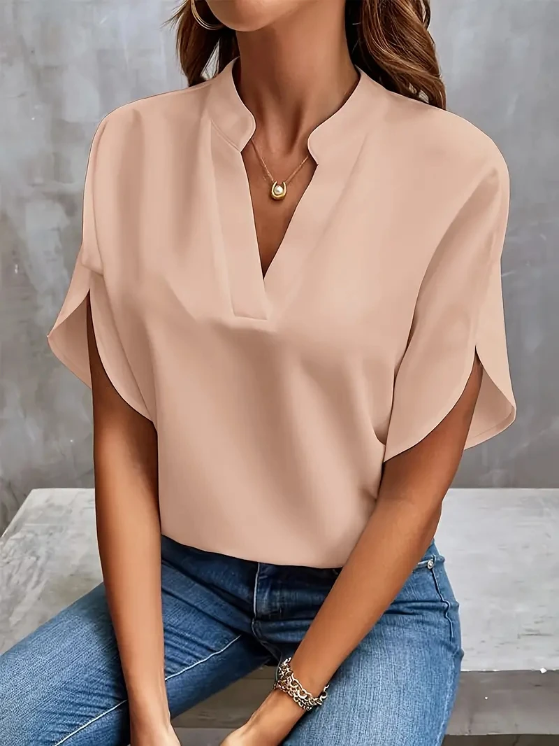 Color: Blue, Size: L - Women Elegant Solid Chiffon Blouse Spring Summer Casual Long Sleeve V Neck Loose Shirt Office Lady Tunics Oversized Tops 2024